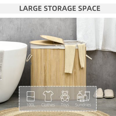 HOMCOM Bamboo Laundry Basket with Lid, 100 Litres Laundry Hamper with 2 Sections, Removable Washable Lining, Washing Baskets, 62.5 x 37 x 60.5cm, Natural 