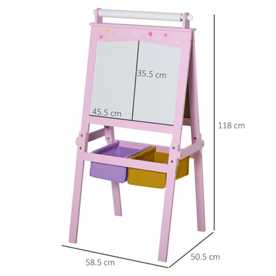 HOMCOM Kids Easel 3 in 1 Wooden Art Easel with Paper Roll Double-Sided Chalkboard & Whiteboard with Storage Baskets for Toddler Girls, Pink 
