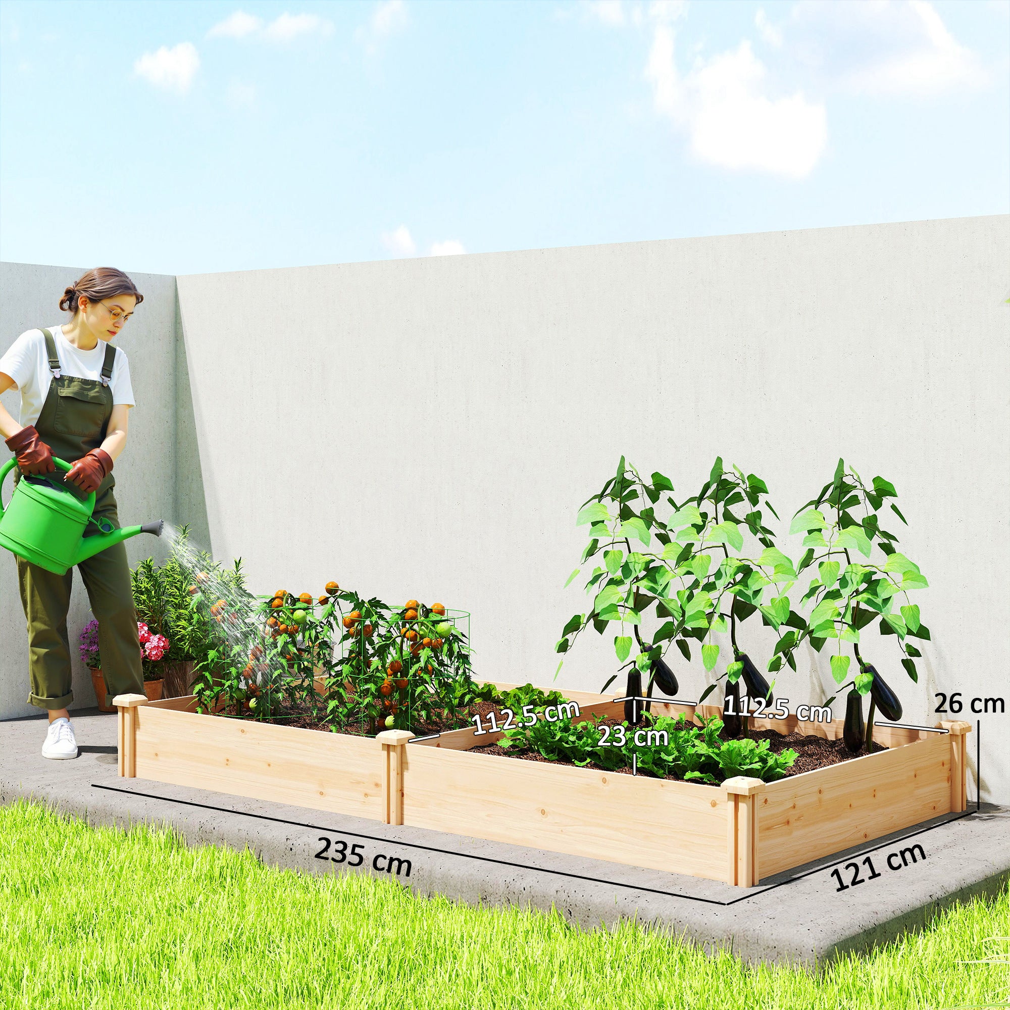 Outsunny Raised Garden Bed, Wooden Planter Box with Divider and Open Bottom for Flowers, Herbs, Vegetables, DIY Painting 