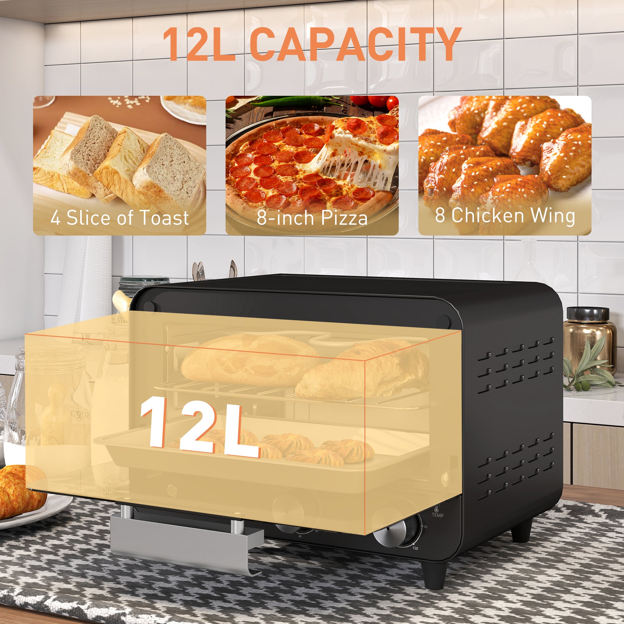 HOMCOM Small Toaster Oven, 12L Multifunction Mini Countertop Oven with Glass Door, Adjustable Temperature and Timer, Black 