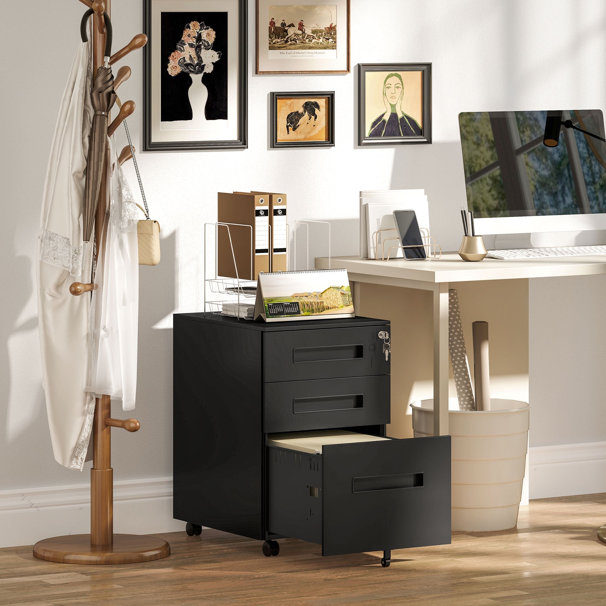 Vinsetto Metal Mobile File Cabinet with Wheels, Lockable 3 Drawer Filing Cabinet for A4, Legal, Letter, Under Desk Storage Unit with Pre-Assembled Body for Home Office, 39 x 48 x 60cm, Black 