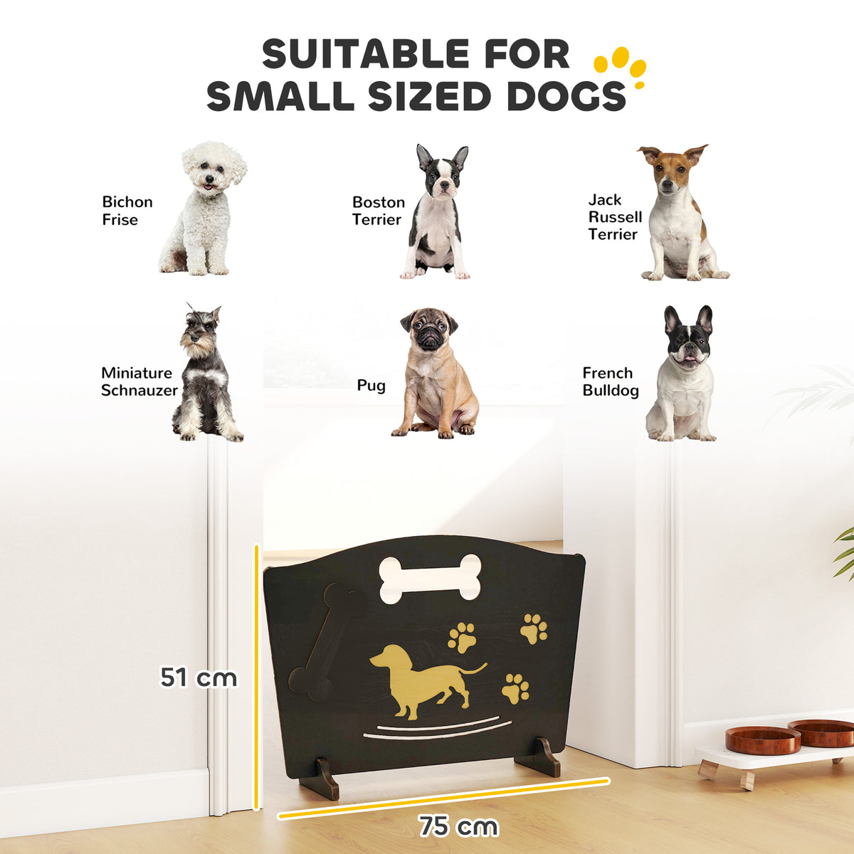 PawHut Wooden Dog Stopper, Dog Barrier with Support Feet, for Stair, Patio, Very Easy Setup, Black, 75 x 51 cm 