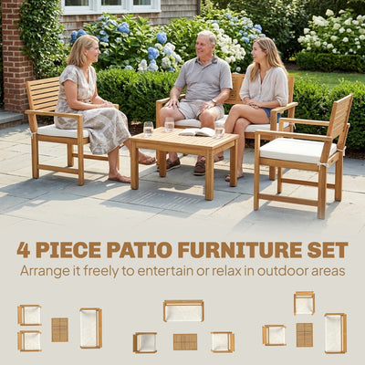 Outsunny 4 Seater Wooden Garden Furniture Set with Loveseat, Armchairs, Table, Acacia Wood Garden Sofa Set, Cream White 