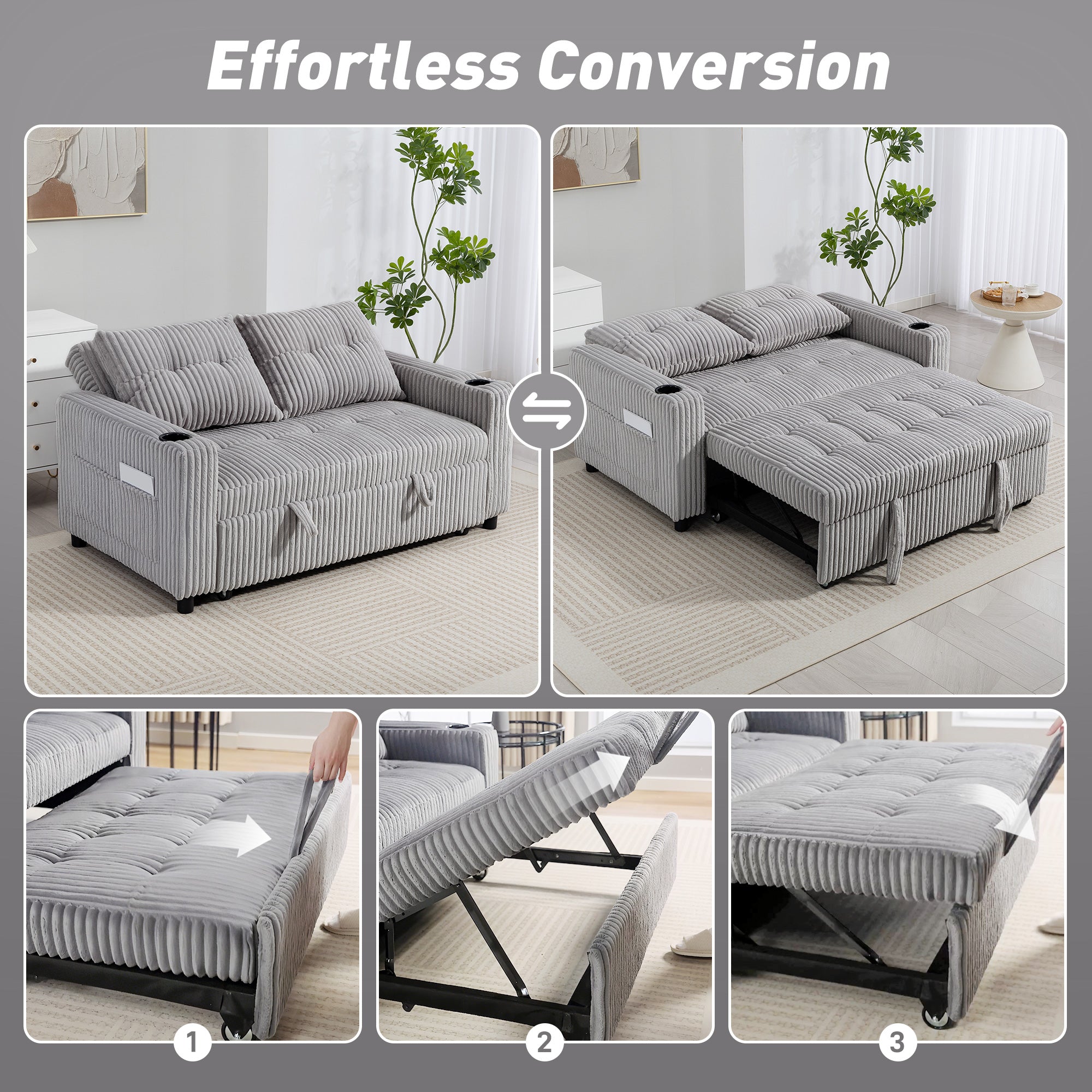HOMCOM 2 Seater Click Clack Sofa Bed with Pull Out Design, Corduroy Upholstery - Light Grey 
