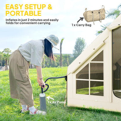 Outsunny Inflatable Camping Tent with Pump, Easy Setup 2-4 Person Blow Up Tent, Waterproof Luxury Inflatable Tent with Mesh Windows, Doors, Hook and Carry Bag, Beige 