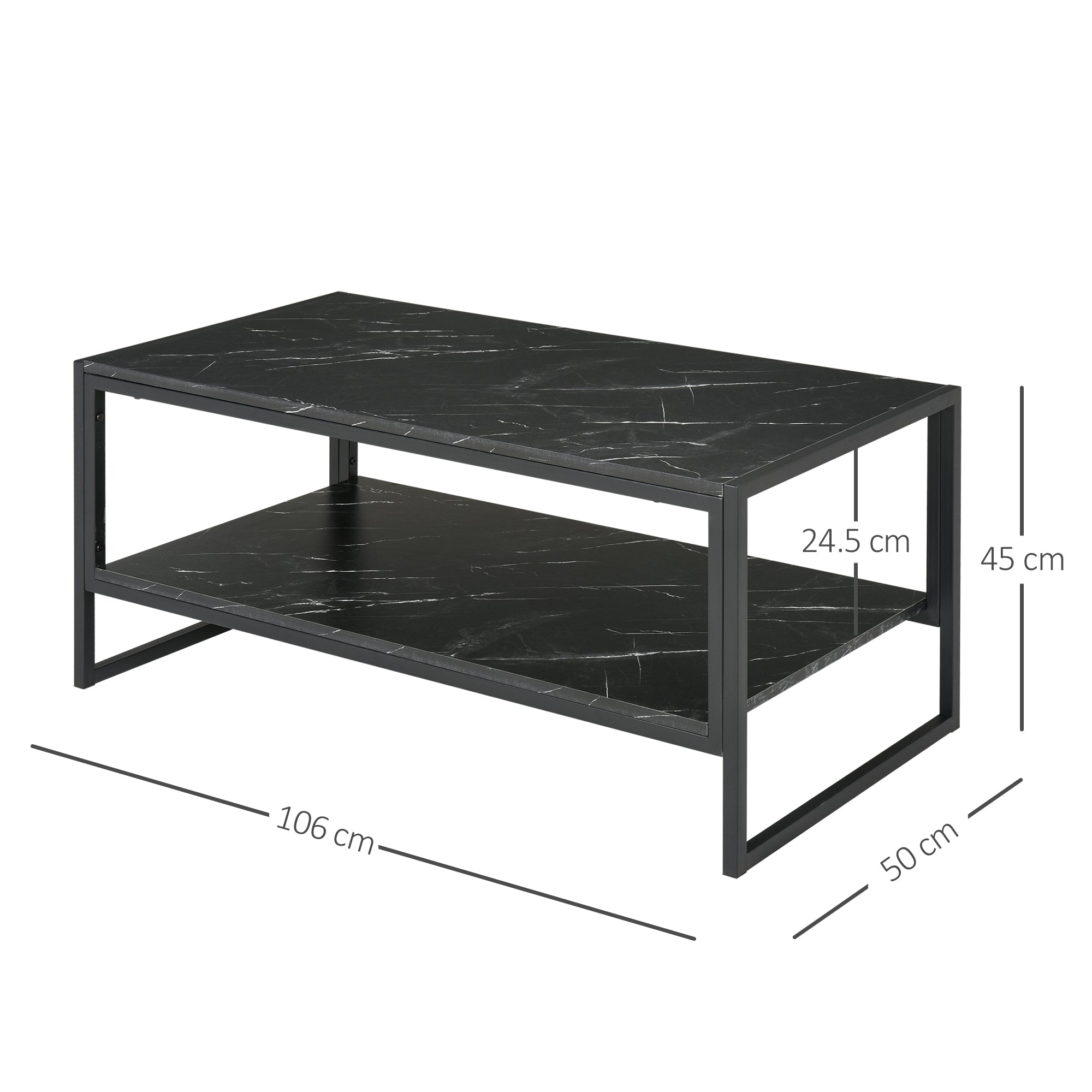 HOMCOM Coffee Table, Two-Tier Marble Centre Table with Metal Frame and Storage Shelf for Living Room, 106 x 50 x 45cm, Black 