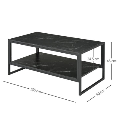 HOMCOM Coffee Table, Two-Tier Marble Centre Table with Metal Frame and Storage Shelf for Living Room, 106 x 50 x 45cm, Black 