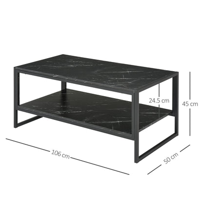 HOMCOM Coffee Table, Two-Tier Marble Centre Table with Metal Frame and Storage Shelf for Living Room, 106 x 50 x 45cm, Black 
