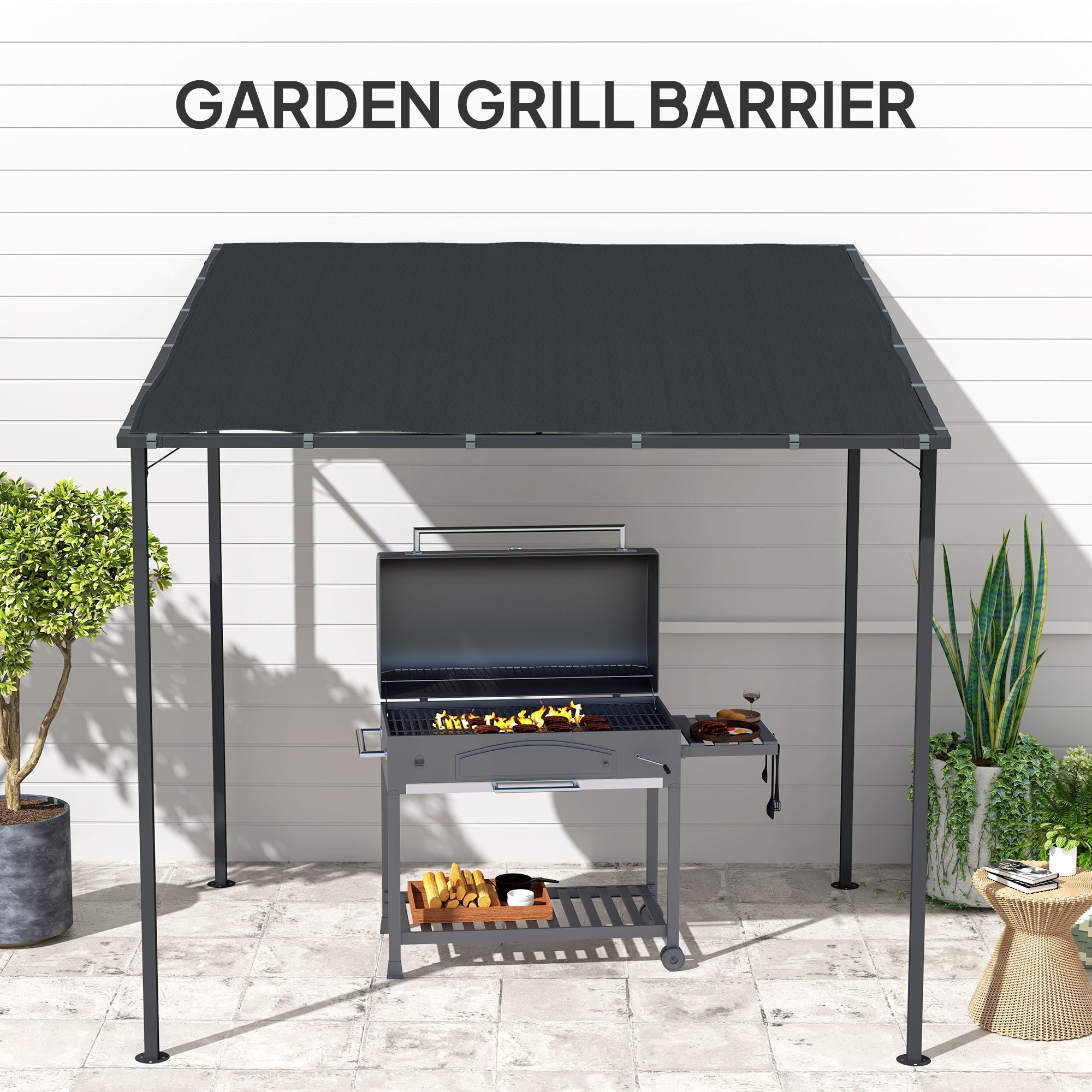 Outsunny 2.4 x 2.4 m Wall Mounted Pergola Gazebo with PA Coating Fabric and Metal Frame, UPF30+, Lean to Garden Gazebo, Wind Resistant Outdoor Sun Shade Shelter for Garden, Deck, Dark Grey 