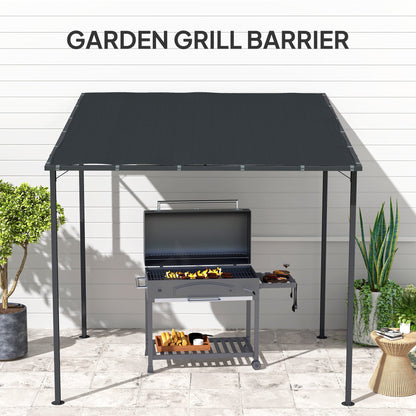Outsunny 2.4 x 2.4 m Wall Mounted Pergola Gazebo with PA Coating Fabric and Metal Frame, UPF30+, Lean to Garden Gazebo, Wind Resistant Outdoor Sun Shade Shelter for Garden, Deck, Dark Grey 