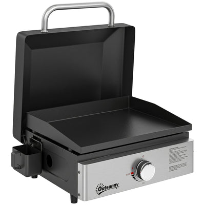 Outsunny Grill Griddle, Portable Gas Plancha, 3.5 kW, Tabletop Gas BBQ with Grease Cup for Camping Picnic Patios, Black 