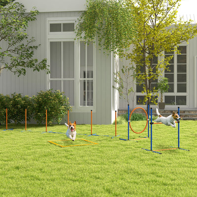 PawHut Dog Agility Training Equipment with Weave Poles, Jump Ring, Pause Box, Adjustable Hurdle, Carry Bag, Orange 