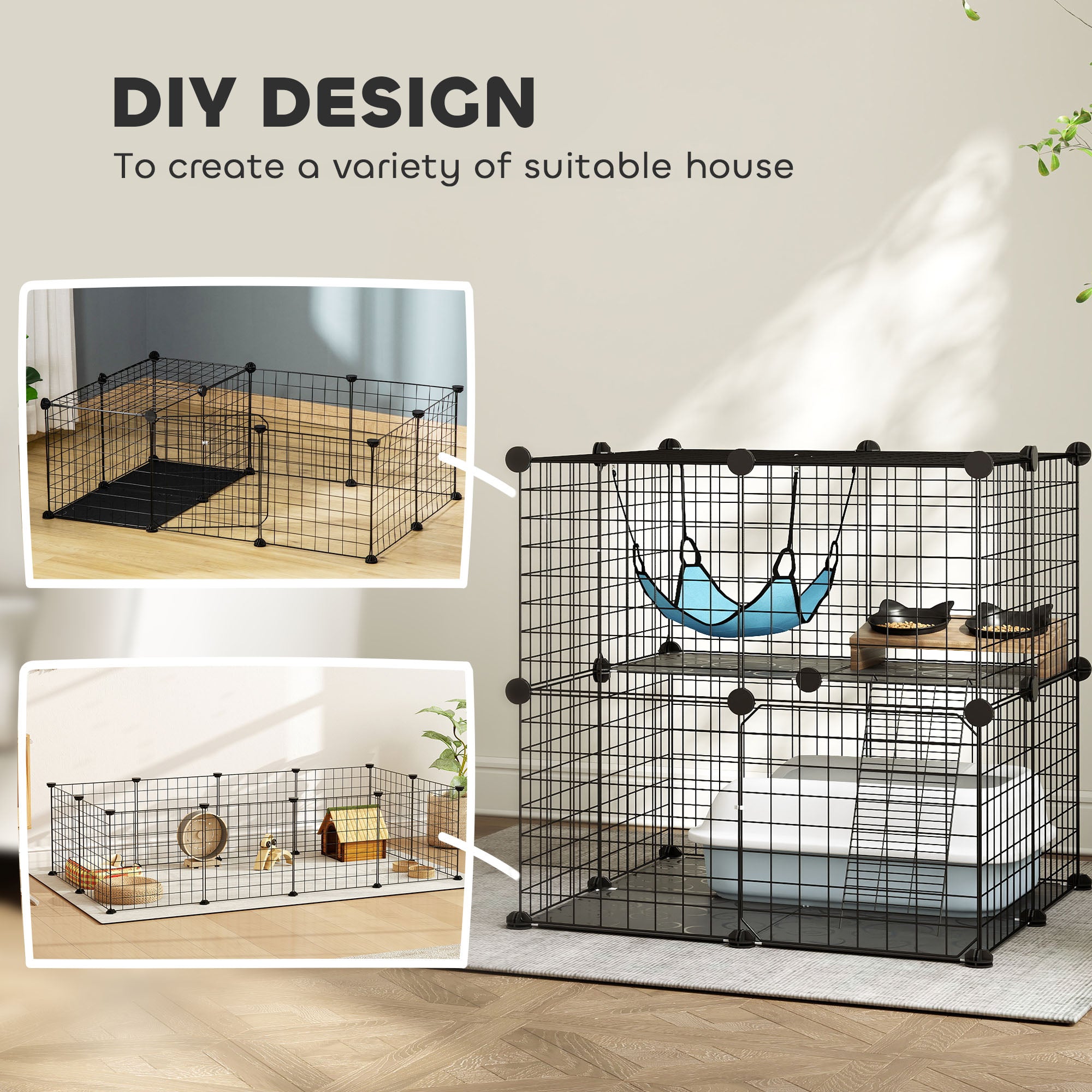 PawHut Indoor Cat Cage DIY Customizable 2-Tier Indoor Cat Enclosure with 2 Doors and Hammock 70 cm Black 