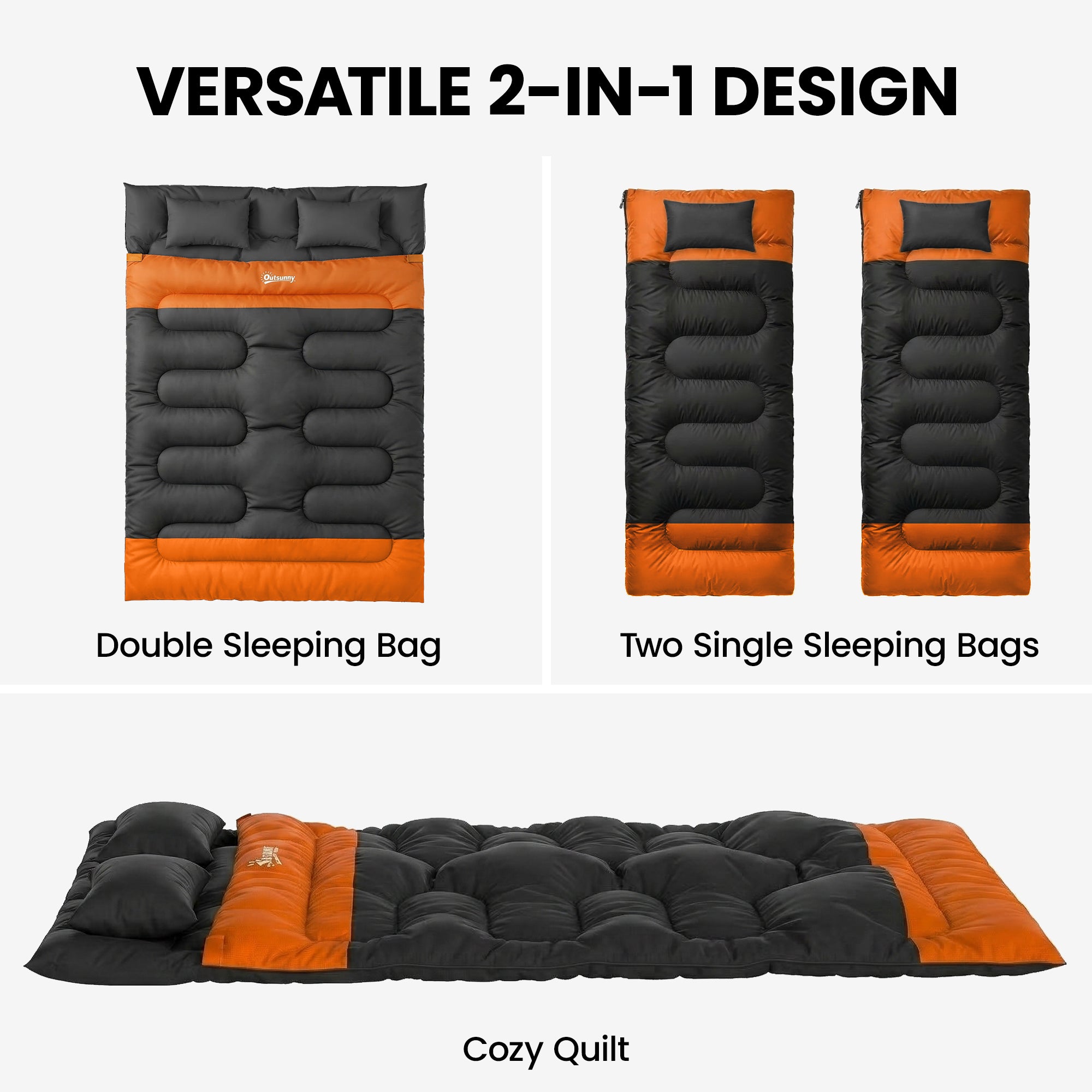 Outsunny Double Sleeping Bag with 2 Pillows, 220 x 160 cm Extra-Large Sleeping Bag for Adults, Grey and Orange 