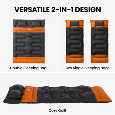 Outsunny Double Sleeping Bag with 2 Pillows, 220 x 160 cm Extra-Large Sleeping Bag for Adults, Grey and Orange 