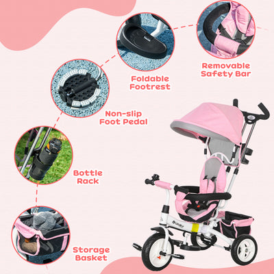 HOMCOM 6 in 1 Kids Trike Push Bike w/ Push Handle, Canopy, 5-point Safety Belt, Storage, Footrest, Brake, for 1-5 Years, Pink 