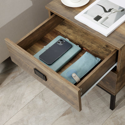 HOMCOM Retro Bedside Table, End Side Table with 2 Drawers, Metal Frame for Bedroom, Living Room, Coffee 