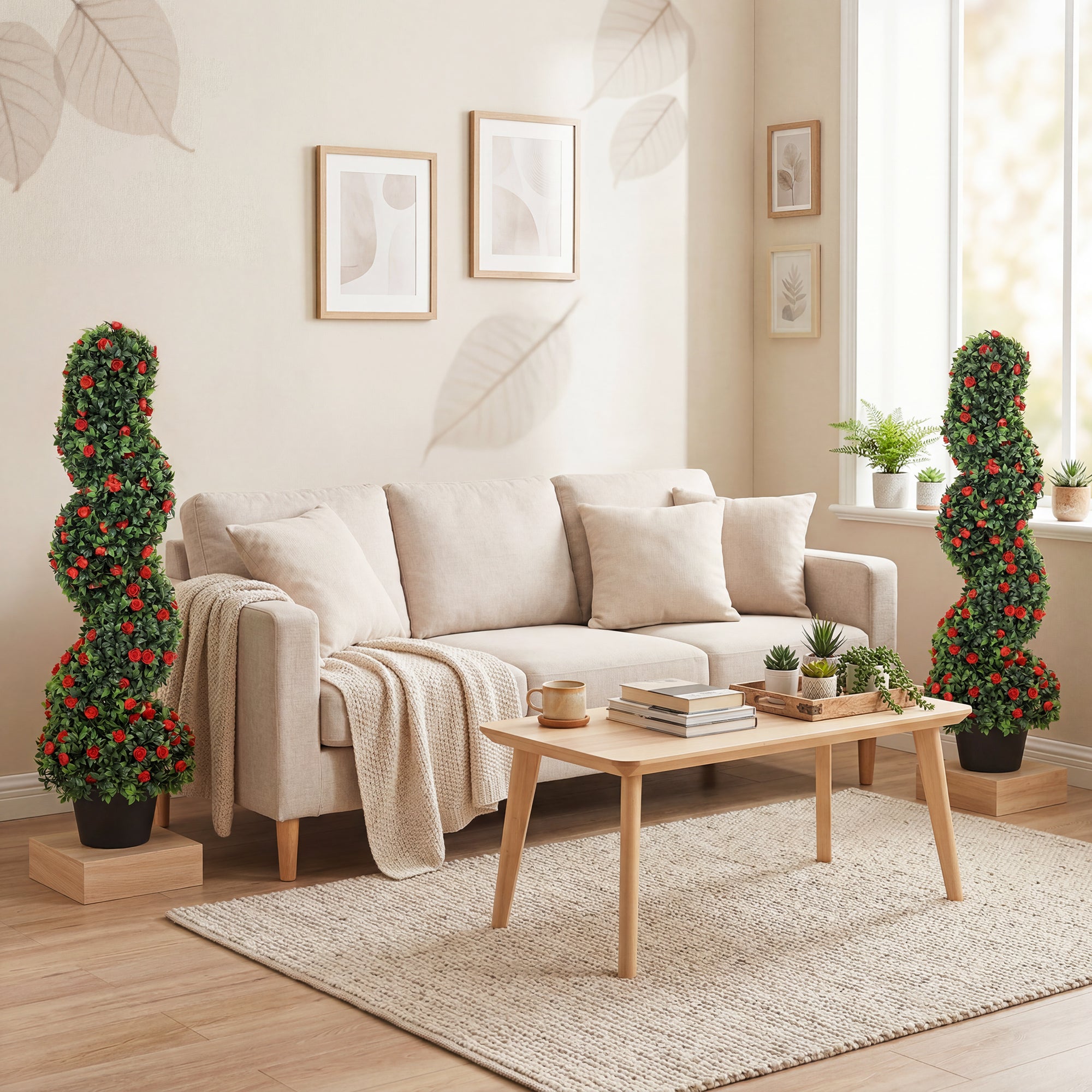 HOMCOM Artificial Rose Spiral Topiary Tree Set of 2, Indoor Outdoor Fake Plants with 630 Leaves, 90cm 