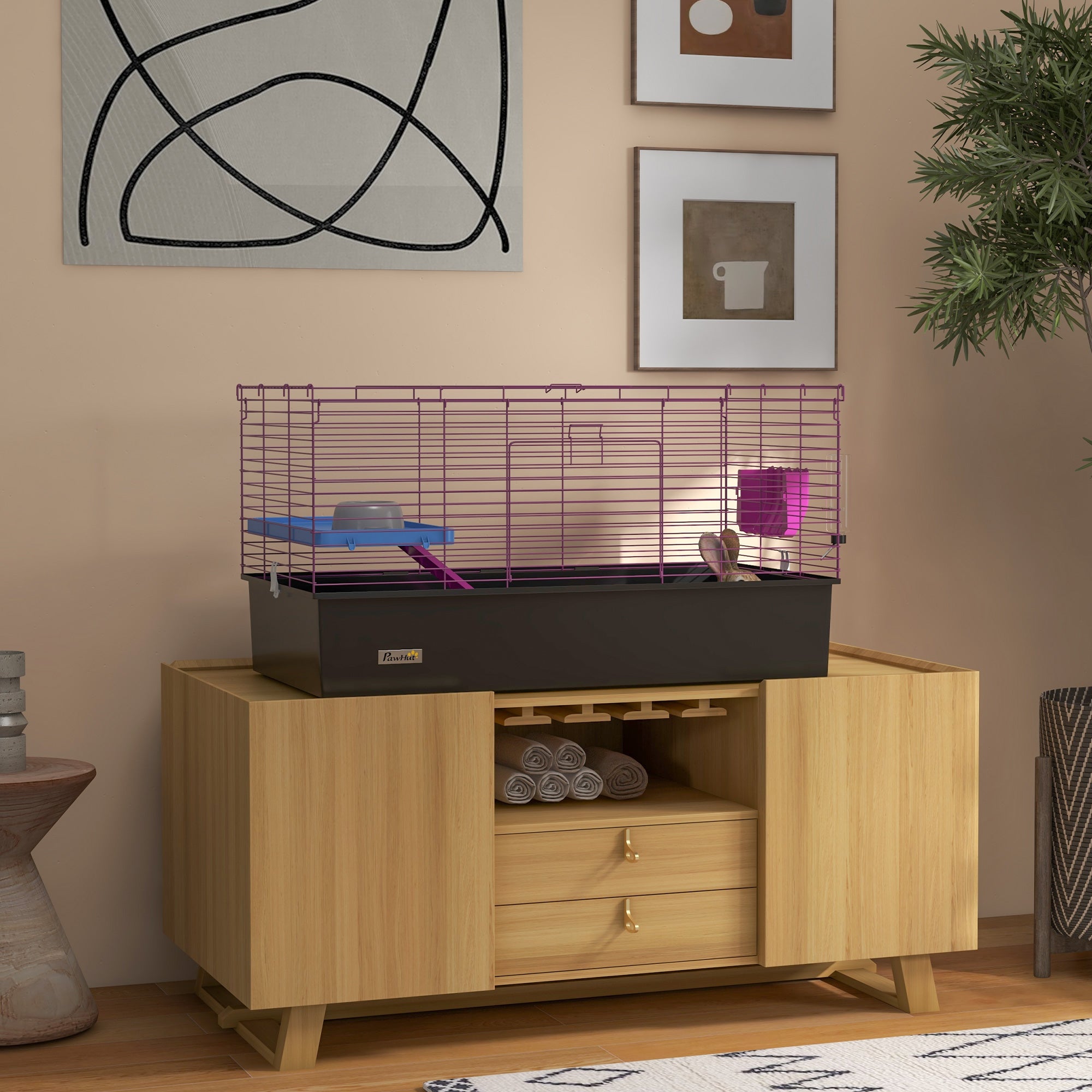 PawHut Chinchillas Small Rabbit Guinea Pig Small Animal Cage, Pet Playhouse, with Platform, Ramp, 99 x 52 x 53cm, Black 