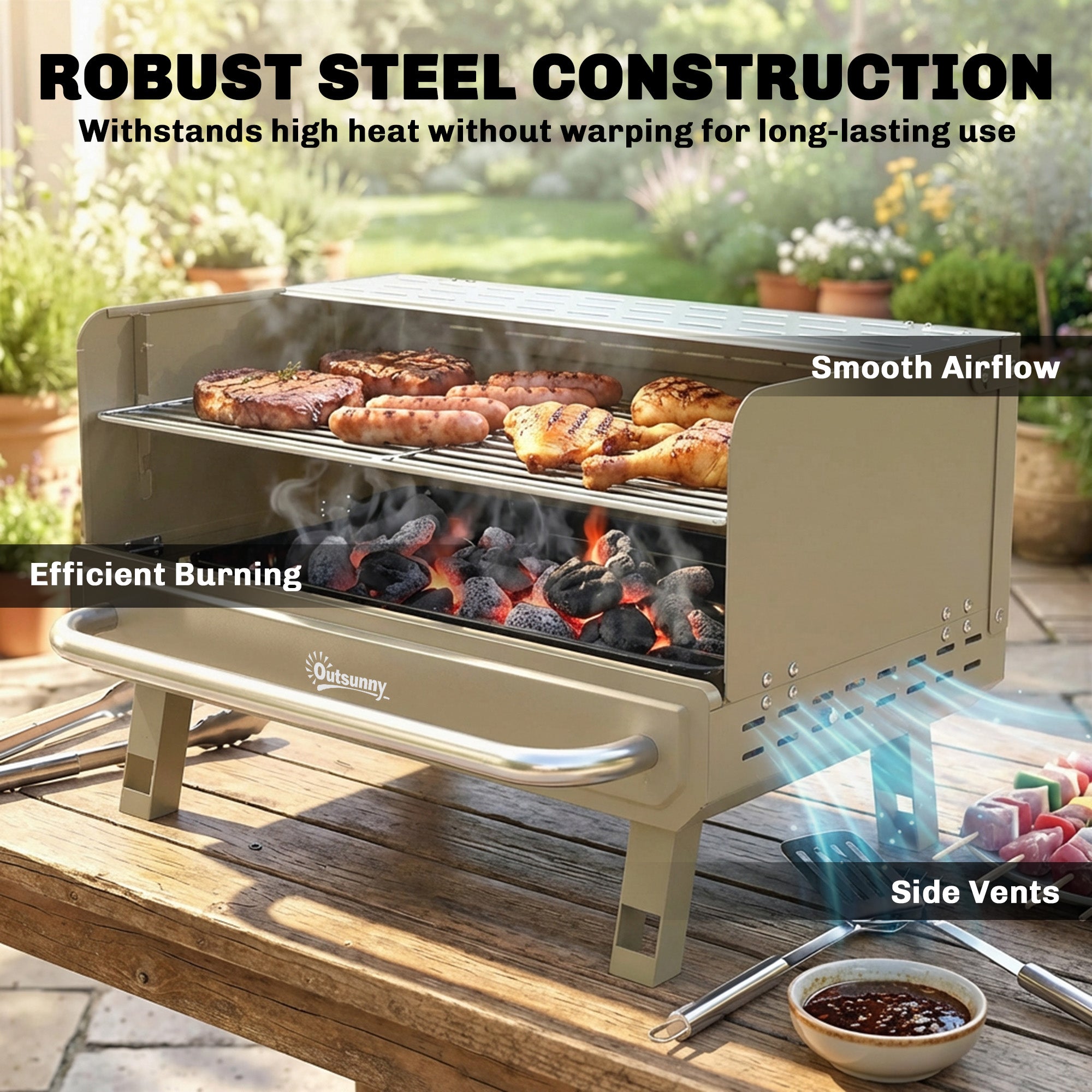 Outsunny Portable BBQ Grill, Charcoal Barbecue Grill with Adjustable Grates, Foldable Legs, Side Shelf for Camping Travel, Khaki 