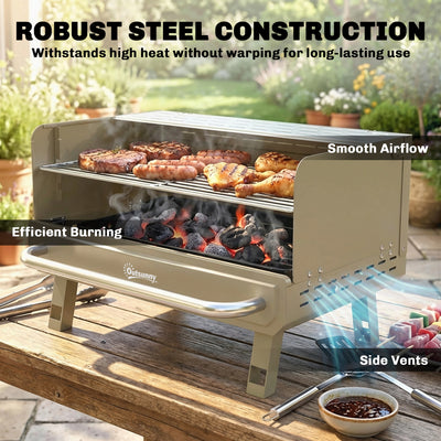 Outsunny Portable BBQ Grill, Charcoal Barbecue Grill with Adjustable Grates, Foldable Legs, Side Shelf for Camping Travel, Khaki 