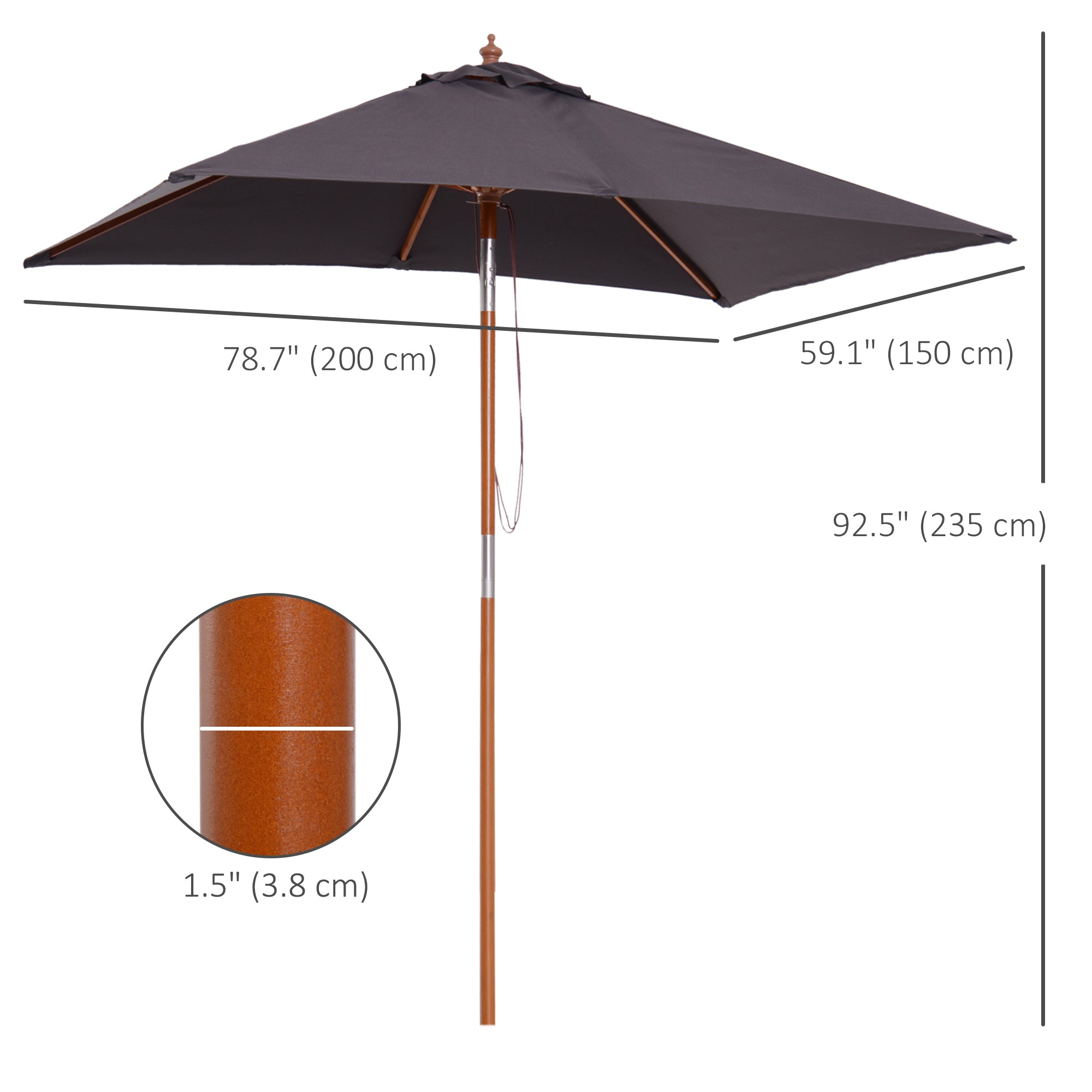 Outsunny 2m x 1.5m Garden Parasol Umbrella with Tilting Sunshade Canopy, Outdoor Market Table Umbrella with Wood and Bamboo Frame, Grey 