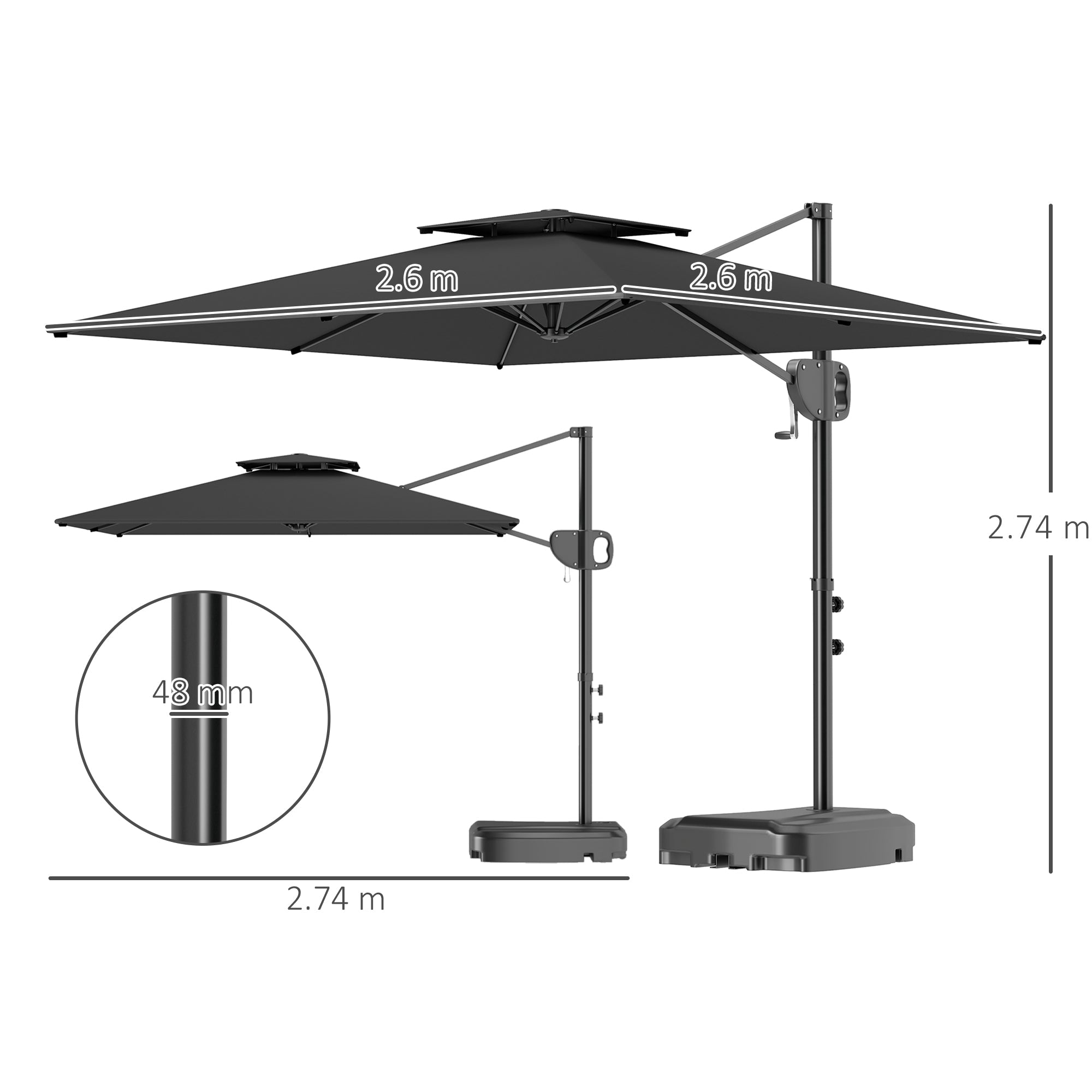 Outsunny Cantilever Parasol with Weighted Base Double Top Garden Parasol Square Hanging Patio Umbrella with Crank Tilt Dark Grey 