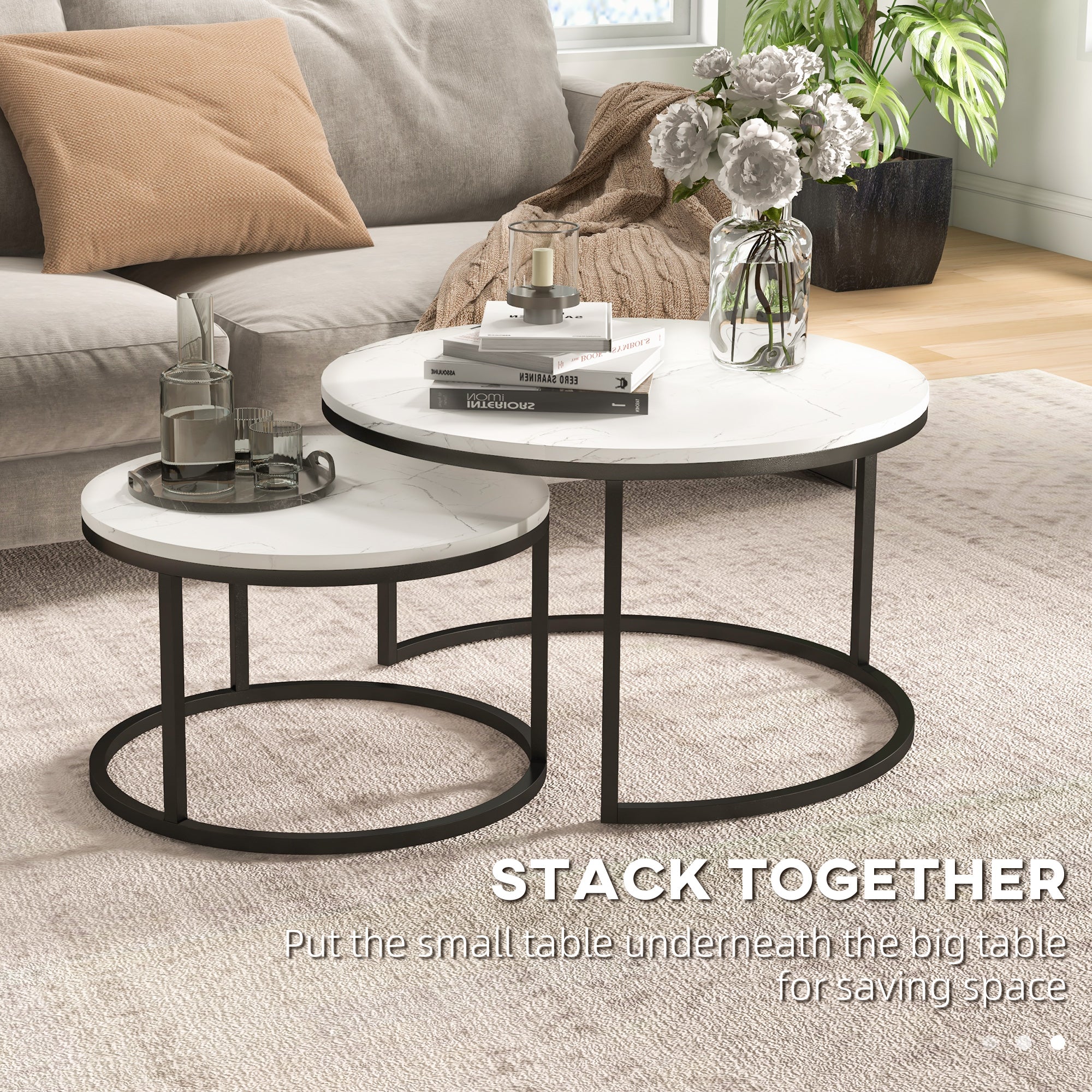 HOMCOM Set of Two Marble-Effect Stacking Tables - Black/White 