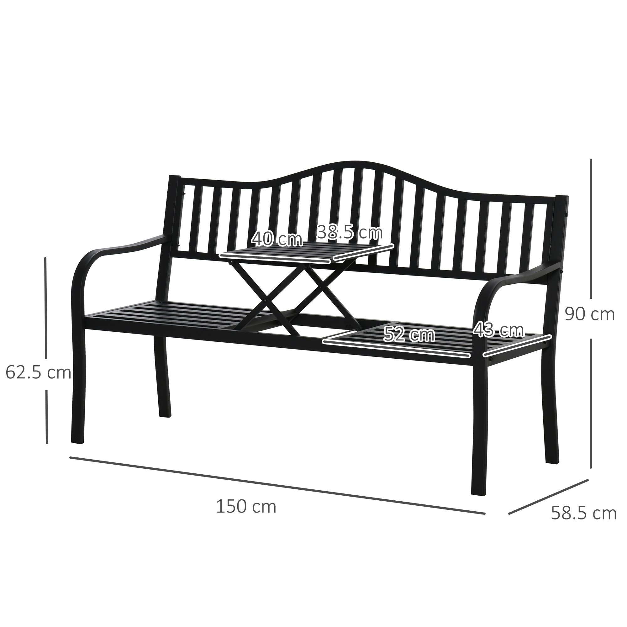 Outsunny Metal Outdoor Bench with Liftable Middle Table, Patio Loveseat, Garden Bench for Garden, Porch, Seats 2–3 People, Black 