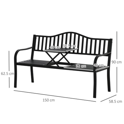Outsunny Metal Outdoor Bench with Liftable Middle Table, Patio Loveseat, Garden Bench for Garden, Porch, Seats 2–3 People, Black 