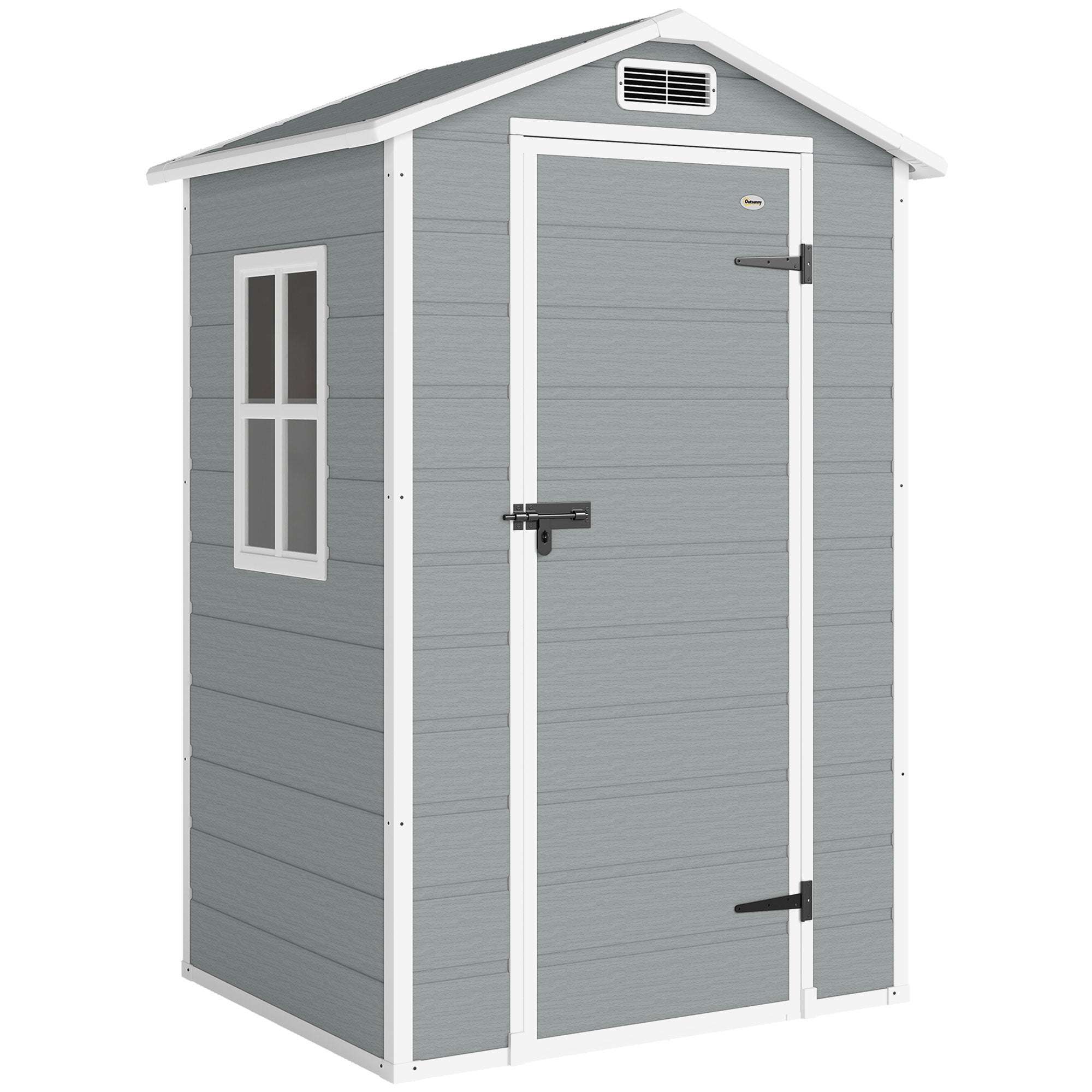 Outsunny 4 x 3 ft Plastic Garden Shed with Floor, Outdoor Storage Shed with Lockable Door, Window and Vent, Light Grey 