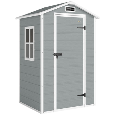 Outsunny 4 x 3 ft Plastic Garden Shed with Floor, Outdoor Storage Shed with Lockable Door, Window and Vent, Light Grey 
