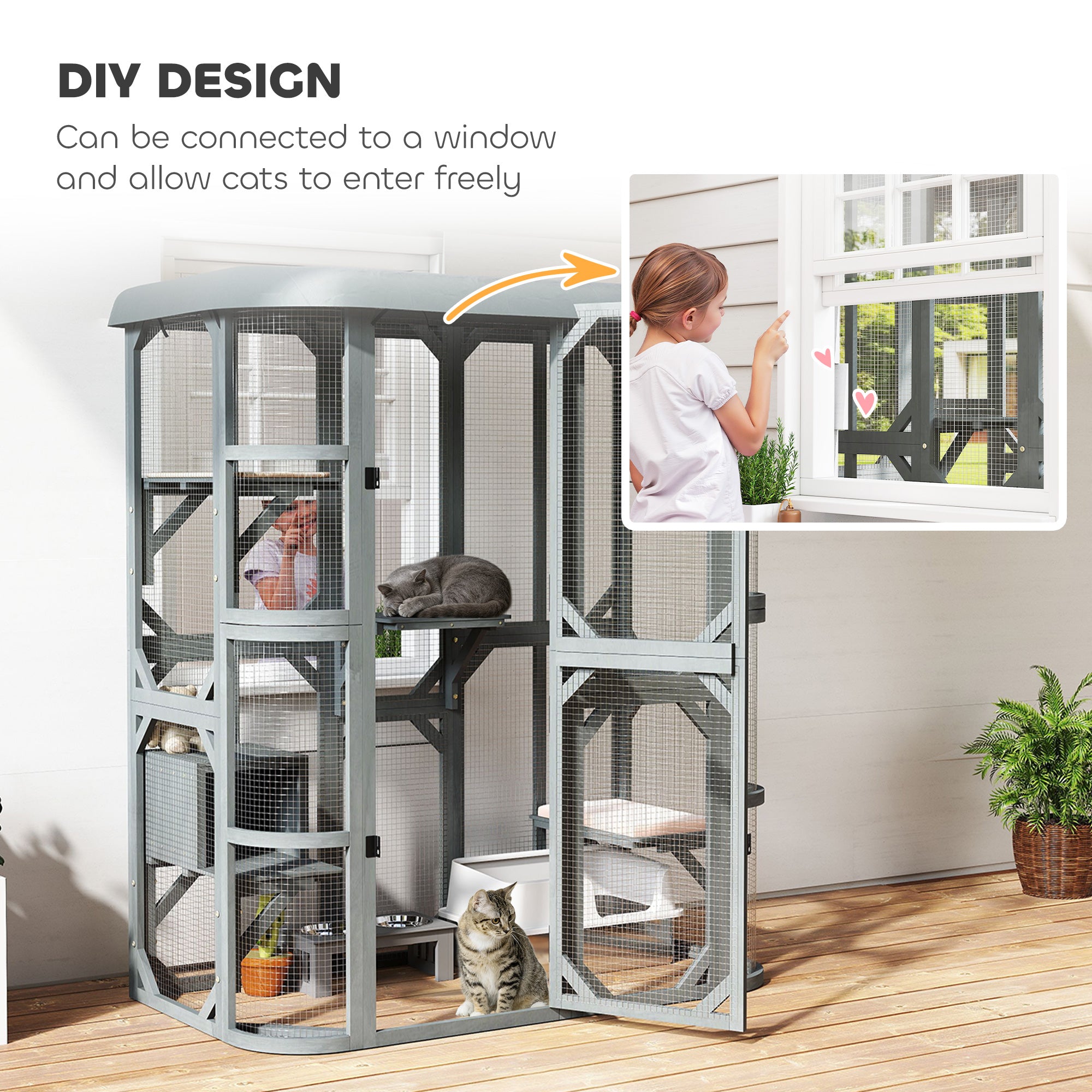 PawHut Catio Outdoor Cat Enclosure,  Wooden Cat House with Platforms, Condo and Waterproof Cover for 2–3 Kittens, Grey 