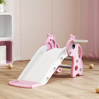 AIYAPLAY 3 in 1 Kids Slide with Climber, Basketball Hoop and Ball, Giraffe Shape Climber Slide for Indoor Kids Age 1-3, Pink 
