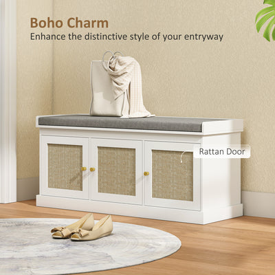 HOMCOM Shoe Storage Bench with Woven Rattan Doors, Seat - White 