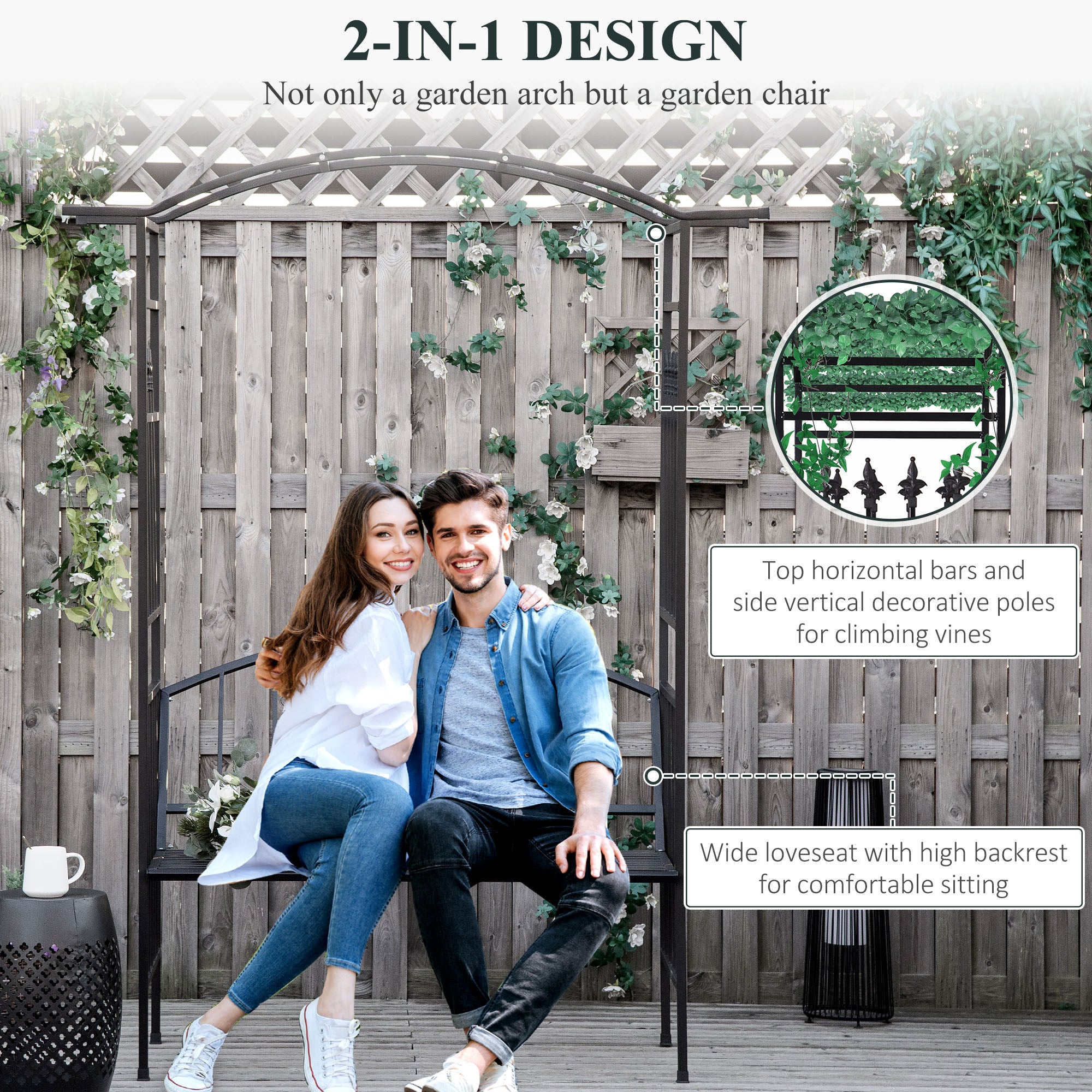 Outsunny Steel Frame Outdoor Garden Arch w/ 2-Seater Bench Black 