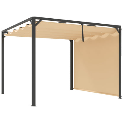 Outsunny 3 x 3m Aluminium Pergola, with Retractable Roof and Wall - Khaki 