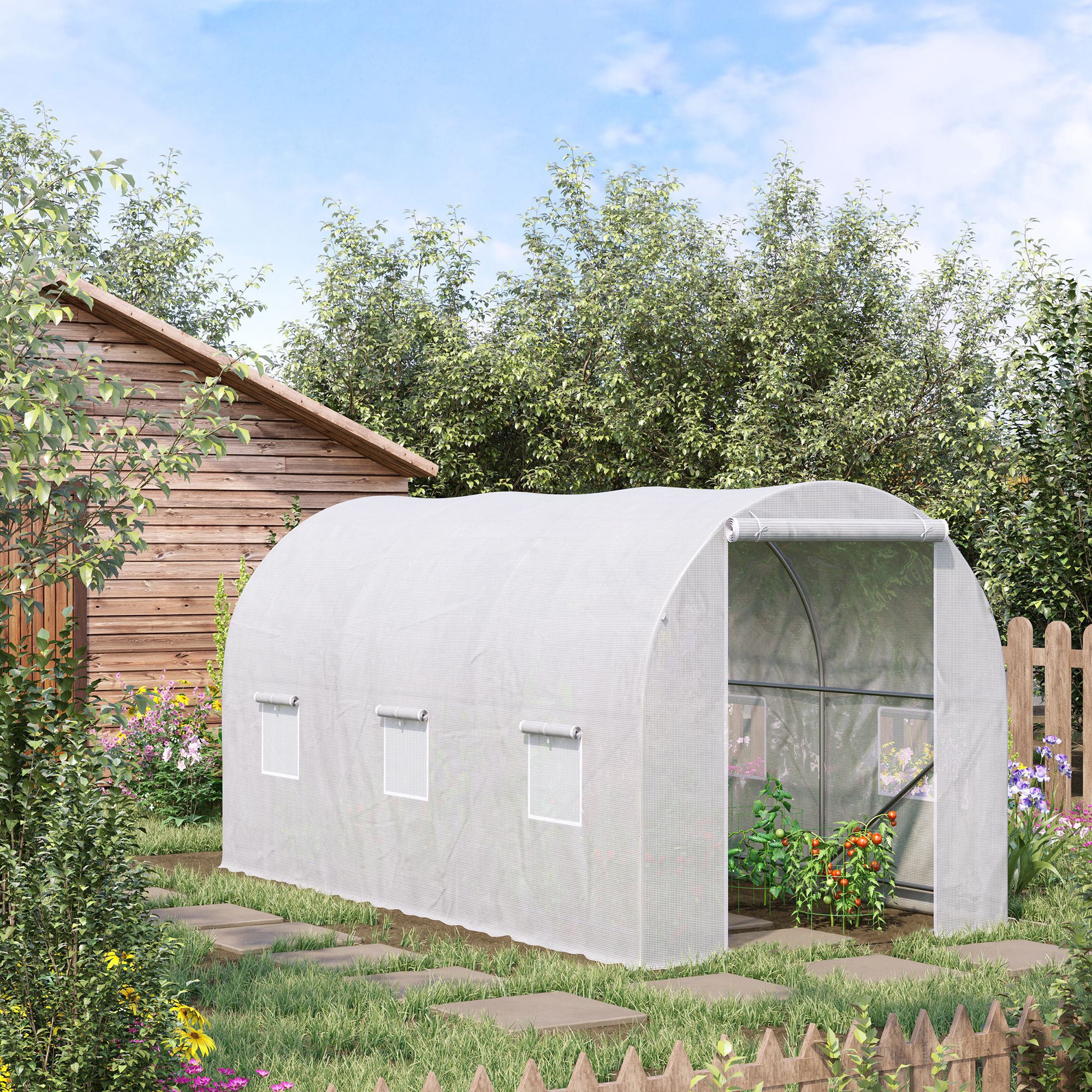 Outsunny 3.5 x 2 x 2 m Polytunnel Greenhouse, Walk-in Green House for Garden with Mesh Windows, Galvanised Steel Frame, White 