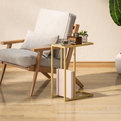 HOMCOM C-Shaped Side Table, Modern Slim End Table with Tempered Glass Tabletop, Steel Frame for Small Space, Living Room, Bedroom, Gold Tone 