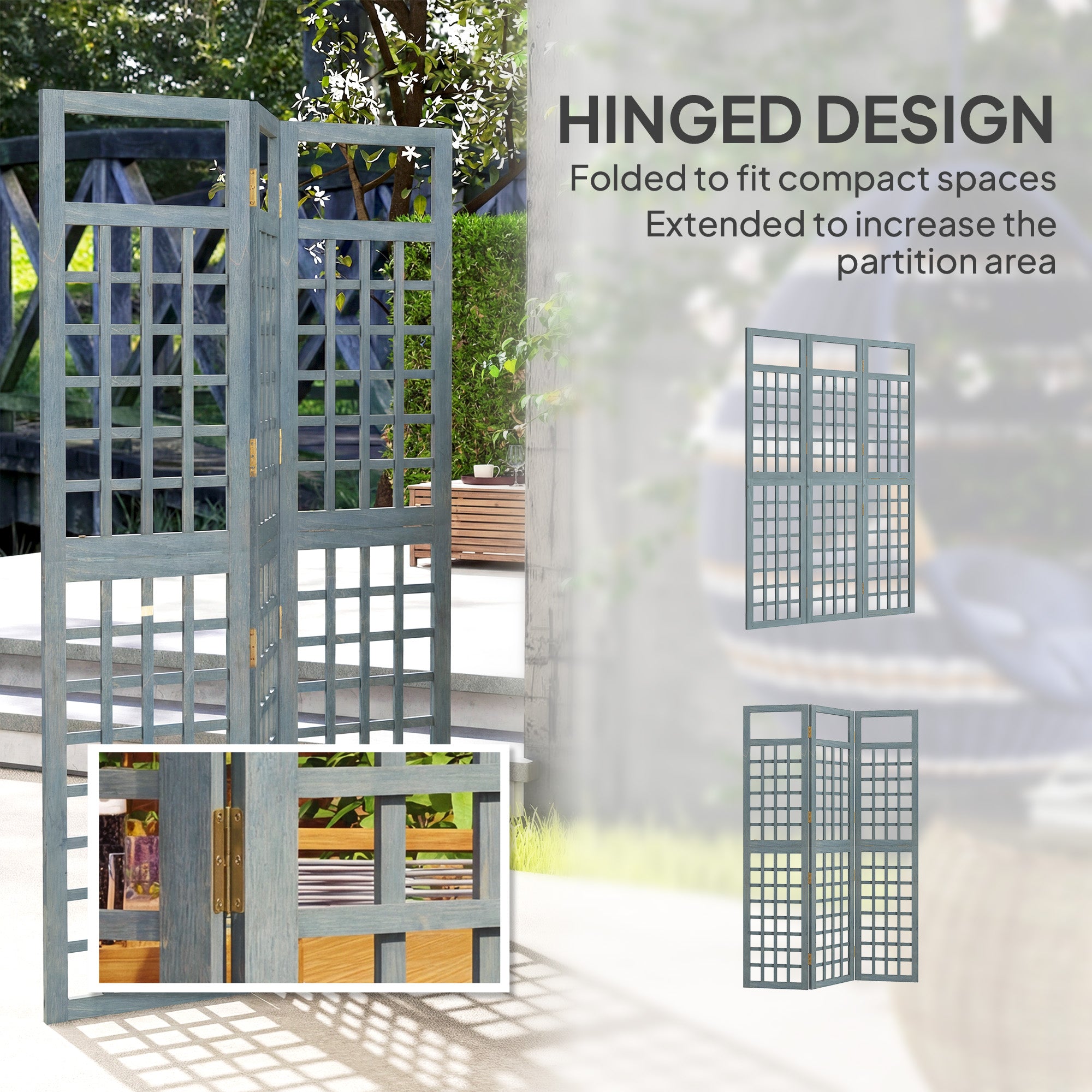 Outsunny 3-Panel Garden Privacy Screen, Freestanding Foldable Wooden Outdoor Divider/Trellis, Decorative Privacy Screen, Grey 