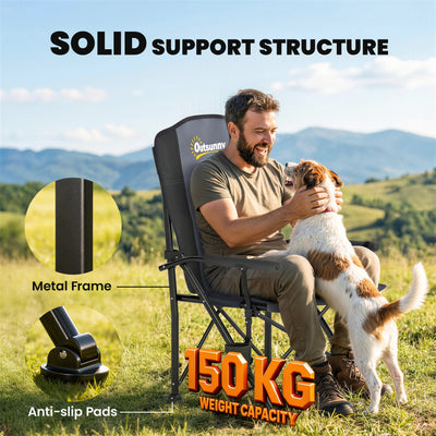 Outsunny Padded Camping Chair Adults Heavy Duty Folding Chair Side Pocket Cup Holder Carry Bag Outdoor Black 