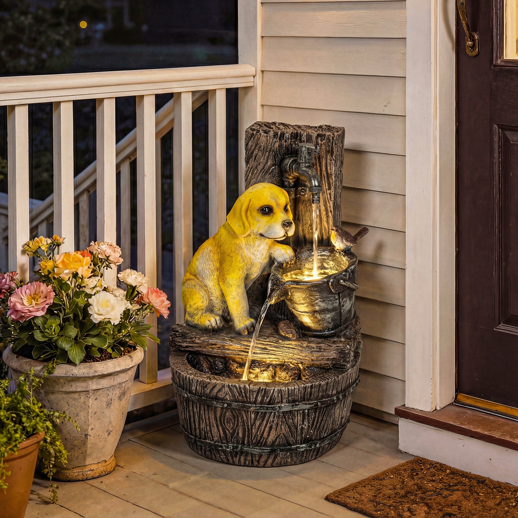 Outsunny Garden Water Feature with 3-Tier Rustic Puppy Design, Freestanding Resin with LED Lights, Adjustable Flow, Rustic Brown 