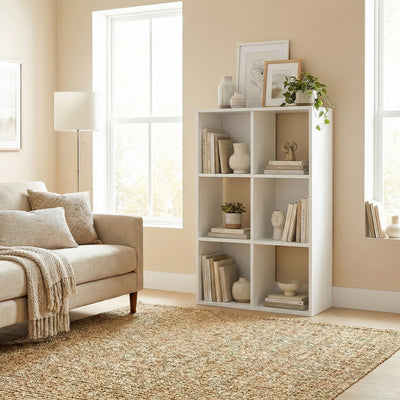 HOMCOM Industrial Style Storage Shelf, Bookcase, Bookshelf with 6 Compartments, for Living Room, Home Study, White Wood Effect 