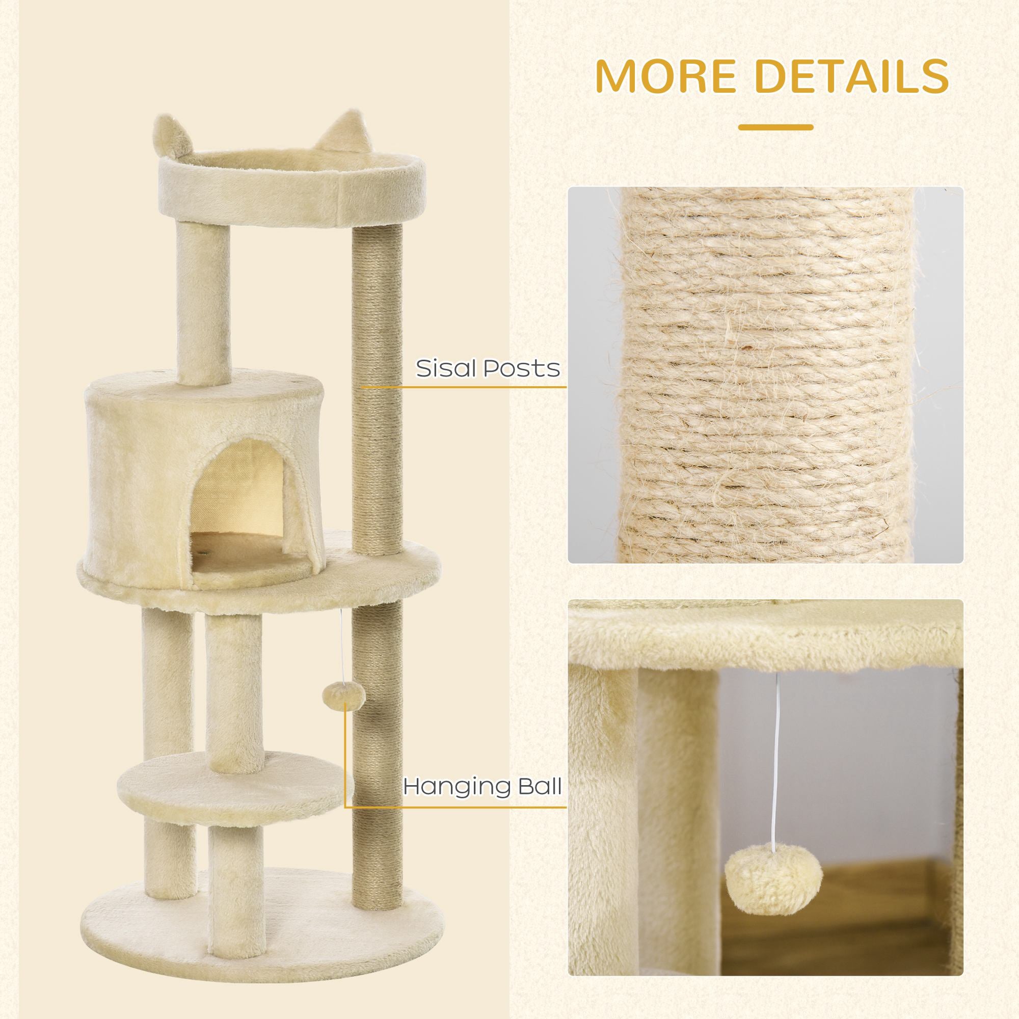 PawHut 104 cm Cat Tree, Cat Condo Tree Tower, Cat Activity Centre with Scratching Posts, Plush Perch, Hanging Ball - Cream White 