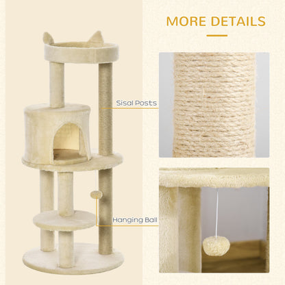 PawHut 104 cm Cat Tree, Cat Condo Tree Tower, Cat Activity Centre with Scratching Posts, Plush Perch, Hanging Ball - Cream White 