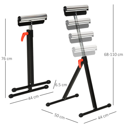 HOMCOM Set of 2 Folding Roller Stand, Material Support Pedestal with Ball Bearing Roller Height Adjustable Portable, Metal Construction, Black 