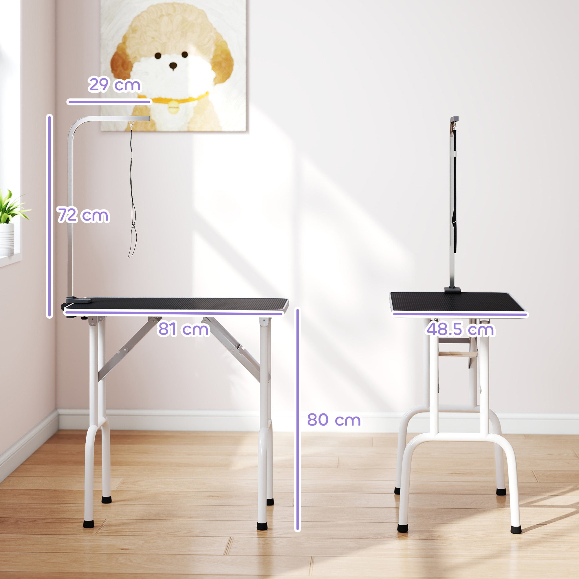 PawHut 32" Foldable Dog Grooming Table Pet Drying Beauty Table Adjustable Fixed Arm Rubber Top, Black 
