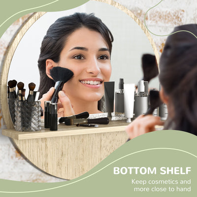 kleankin 45cm Round Home Mirror, with Shelf - Natural Wood Effect 