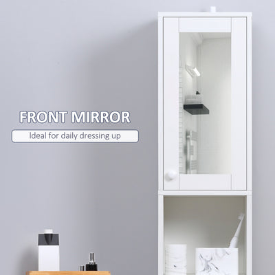 kleankin Tall Bathroom Storage Cabinet with Mirror, Narrow Bathroom Unit, Freestanding Bathroom Cupboard with Adjustable Shelves and 2 Doors, White 