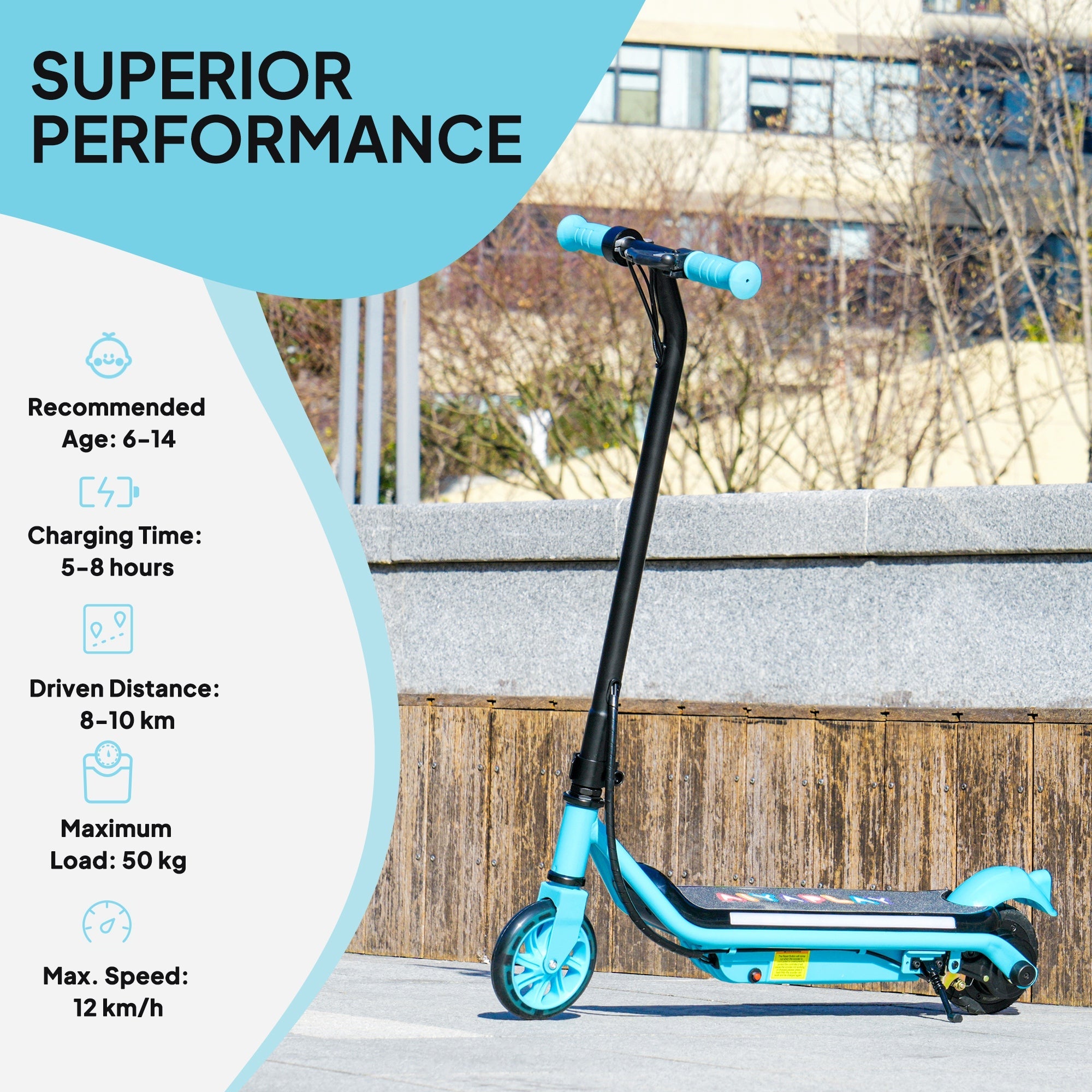 AIYAPLAY Electric Scooter for Kids Ages 6-14, with Dual Brakes, Flash Wheel and Colourful Light, Kids Electric Scooter E Scooter, Up to 12 KM/H & 10 KM, Blue 